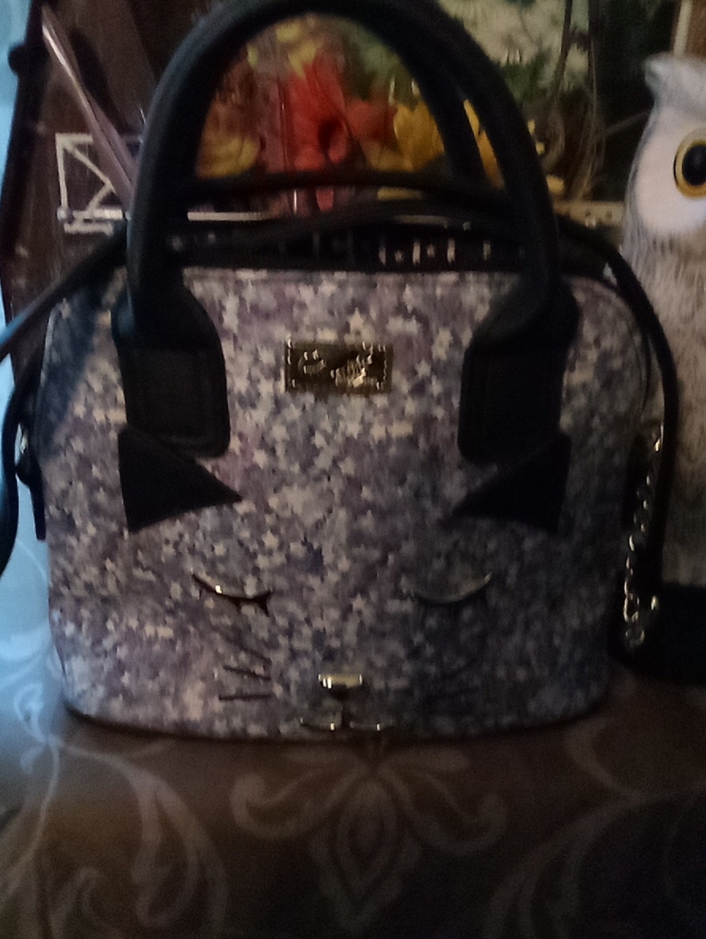 Betsey Johnson Lavender Speckled Satchel with Black Trim Cat Face